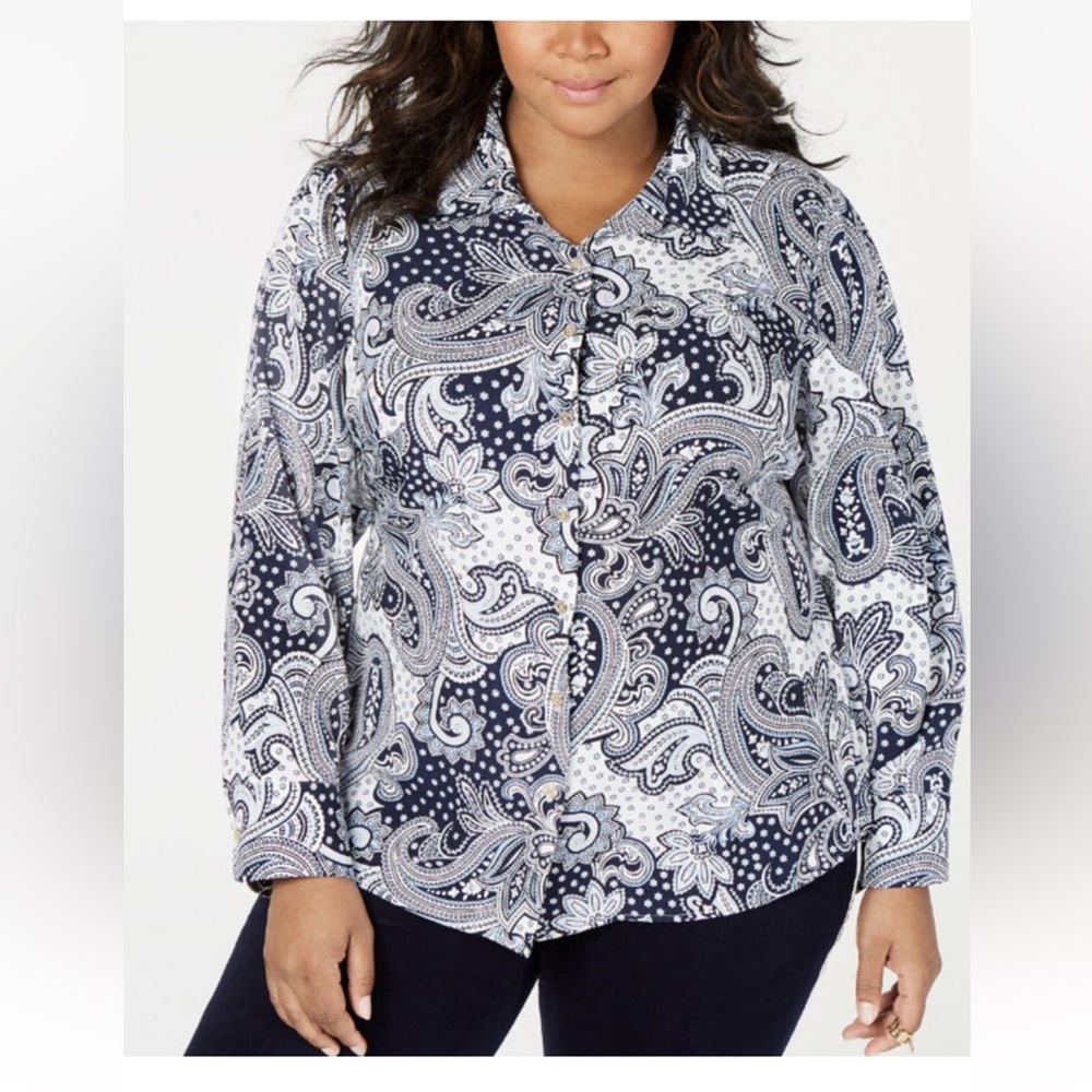 New Tommy Hilfiger Plus Size 1X Paisley Button Tie Waist Shirt Blouse Blue White